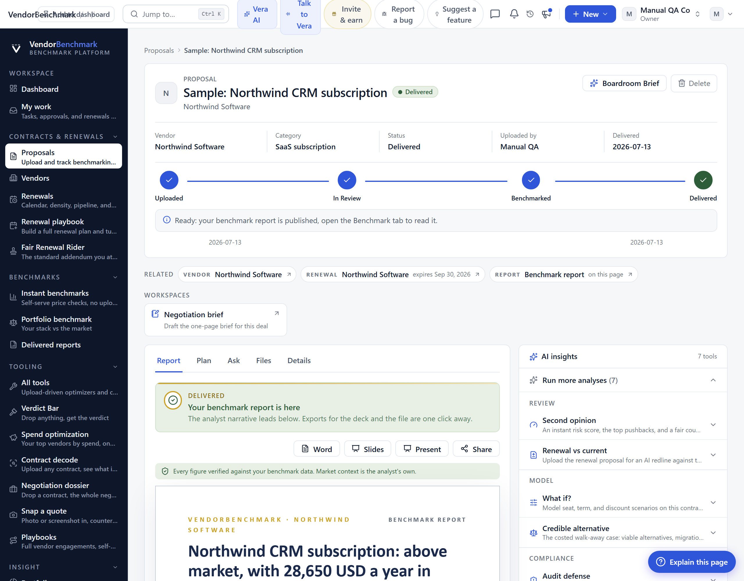 A delivered proposal with its benchmark report
